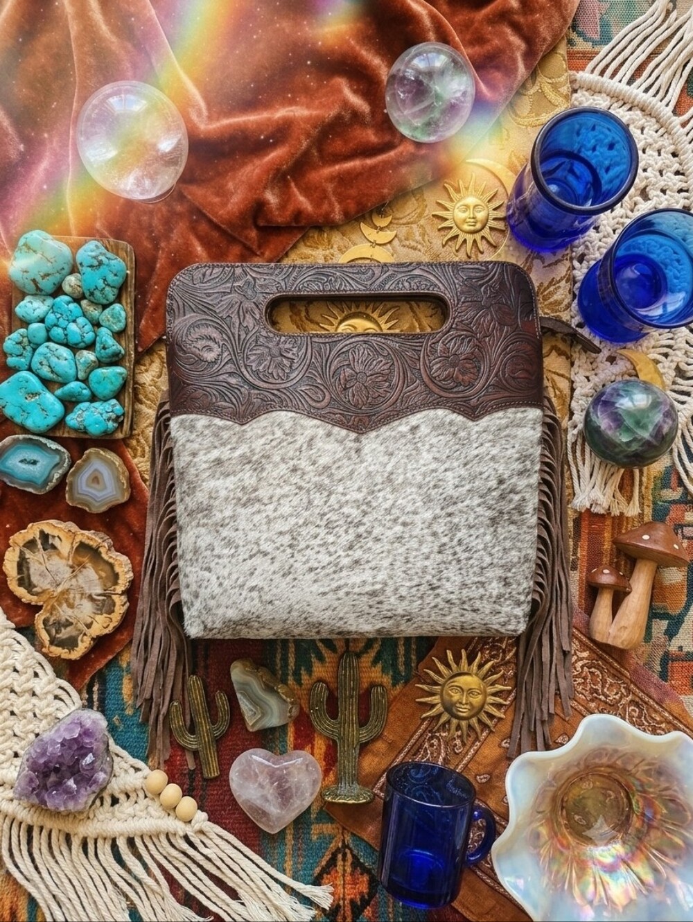 NWT Artisan Handcrafted Tooled Leather Cowhide Fringe Purse Concealed Carry
